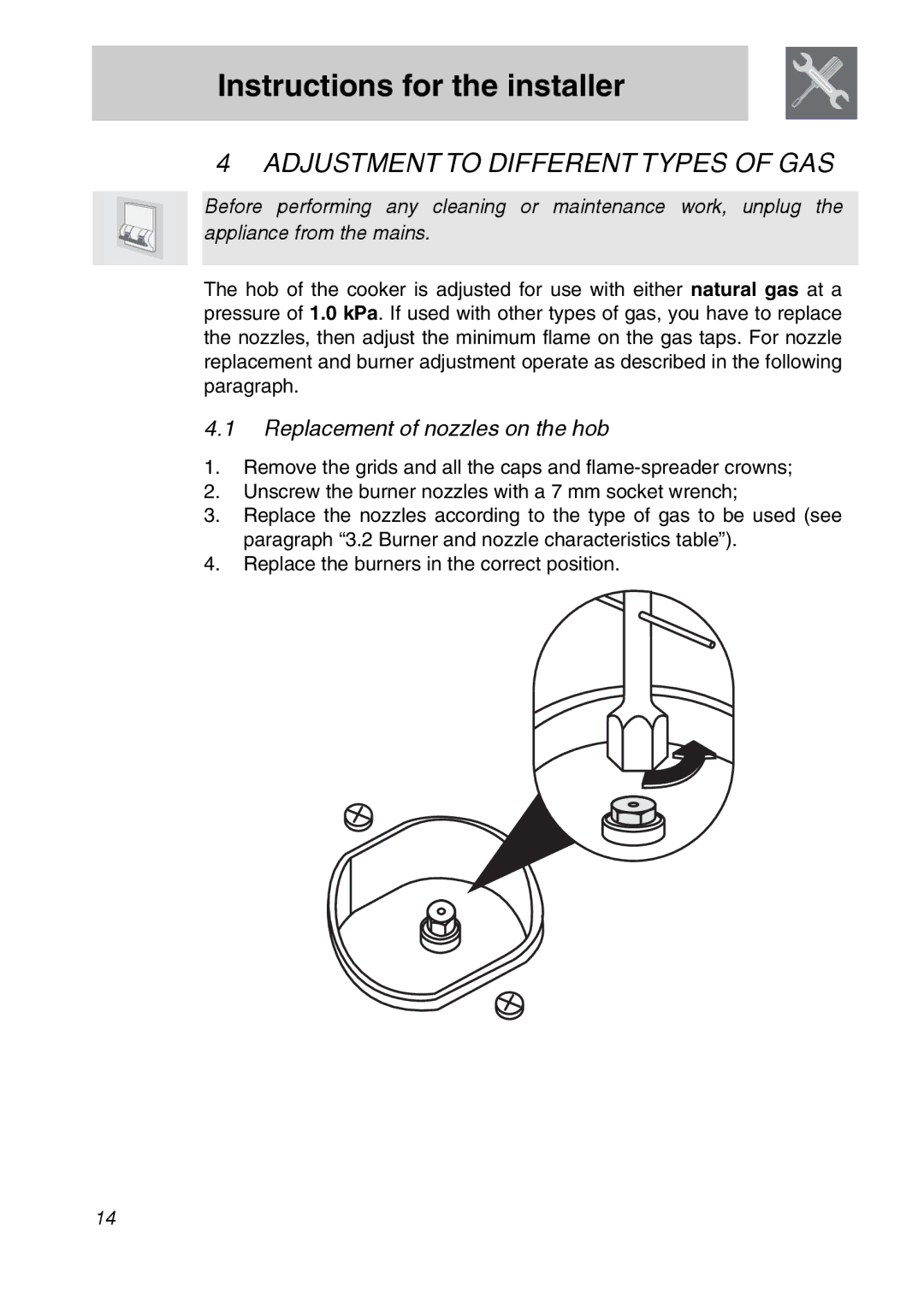 Smeg PGA75F3, PGA75FSC3, PGA75SC3 manual Adjustment to Different Types of GAS, Replacement of nozzles on the hob 