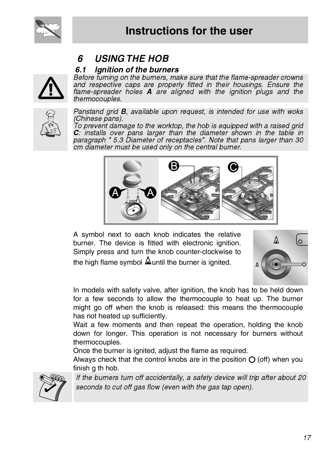 Smeg PGA75F3, PGA75FSC3, PGA75SC3 manual Instructions for the user, Using The Hob, Ignition of the burners 
