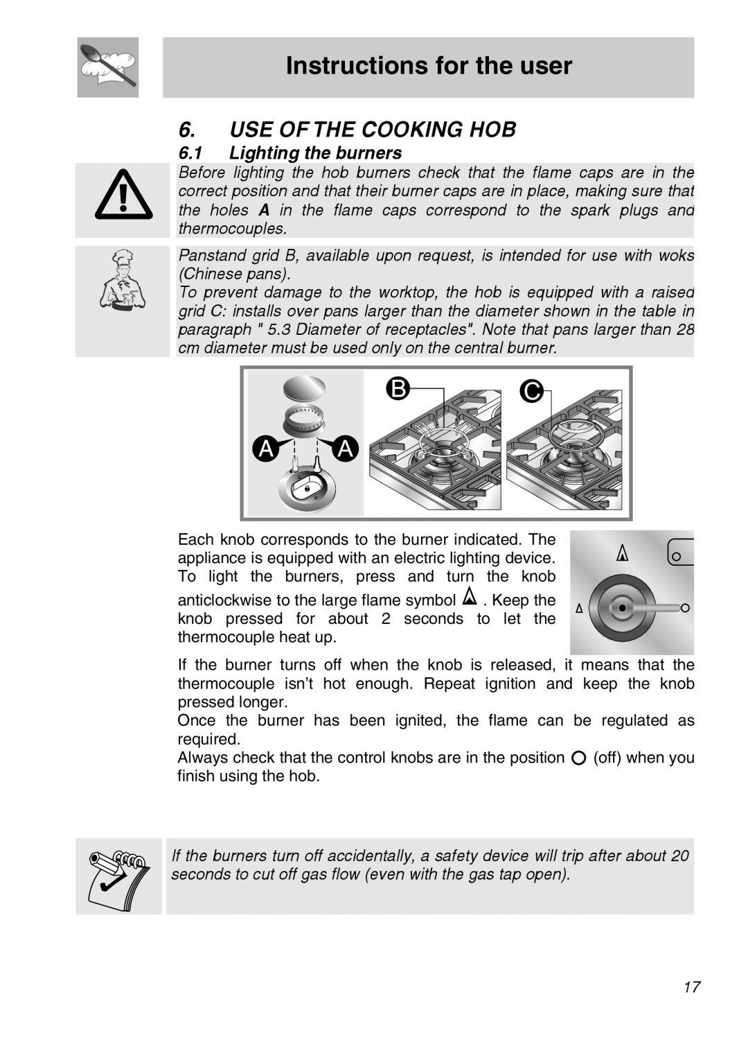 Smeg PGA95F3, PGA95FSC3, PGA95SC3 manual Instructions for the user, Use Of The Cooking Hob 