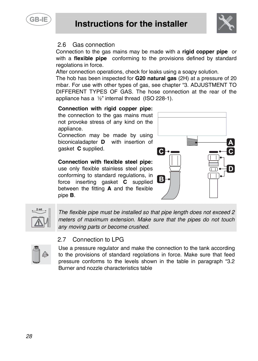 Smeg PGF75BE-2, PGF75-2, PGF75F manual Gas connection, Connection to LPG 