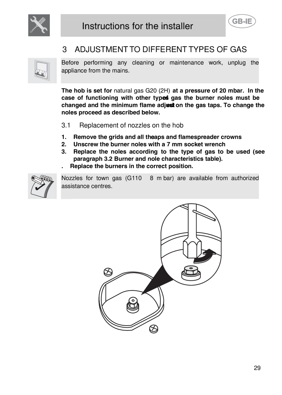 Smeg PGF75F, PGF75-2, PGF75BE-2 manual Adjustment to Different Types of GAS, Replacement of nozzles on the hob 