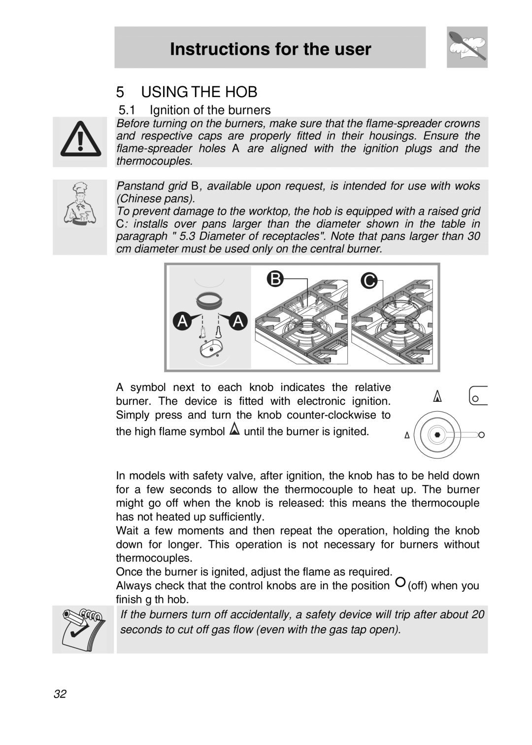 Smeg PGF75F, PGF75-2, PGF75BE-2 manual Instructions for the user, Using the HOB, Ignition of the burners 