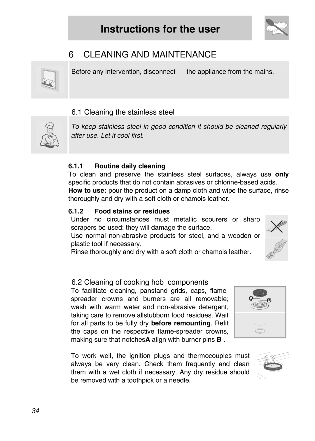 Smeg PGF75BE-2, PGF75-2, PGF75F Cleaning and Maintenance, Cleaning the stainless steel, Cleaning of cooking hob components 