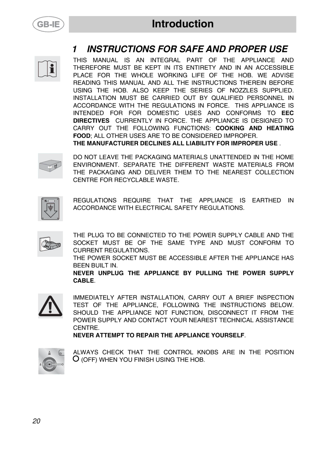 Smeg PGF75F, PGF75-2, PGF75BE-2 manual Introduction, Instructions for Safe and Proper USE 