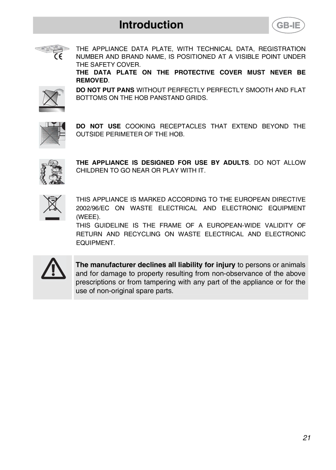 Smeg PGF75-2, PGF75BE-2, PGF75F manual Data Plate on the Protective Cover Must Never be Removed 