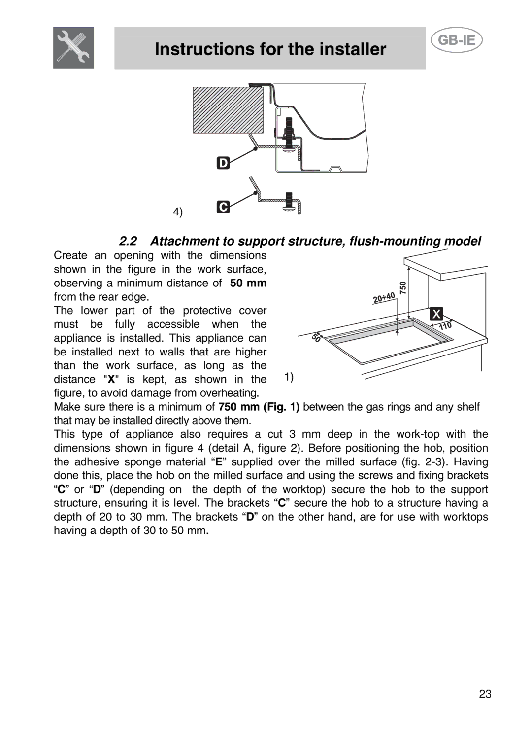 Smeg PGF75F, PGF75-2, PGF75BE-2 manual Attachment to support structure, flush-mounting model 