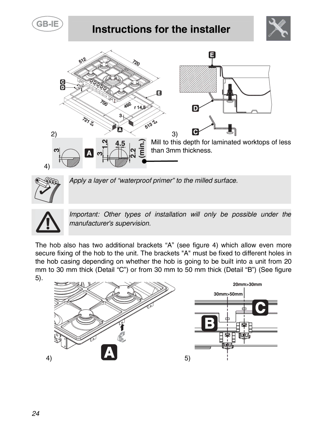 Smeg PGF75-2, PGF75BE-2, PGF75F manual Instructions for the installer 