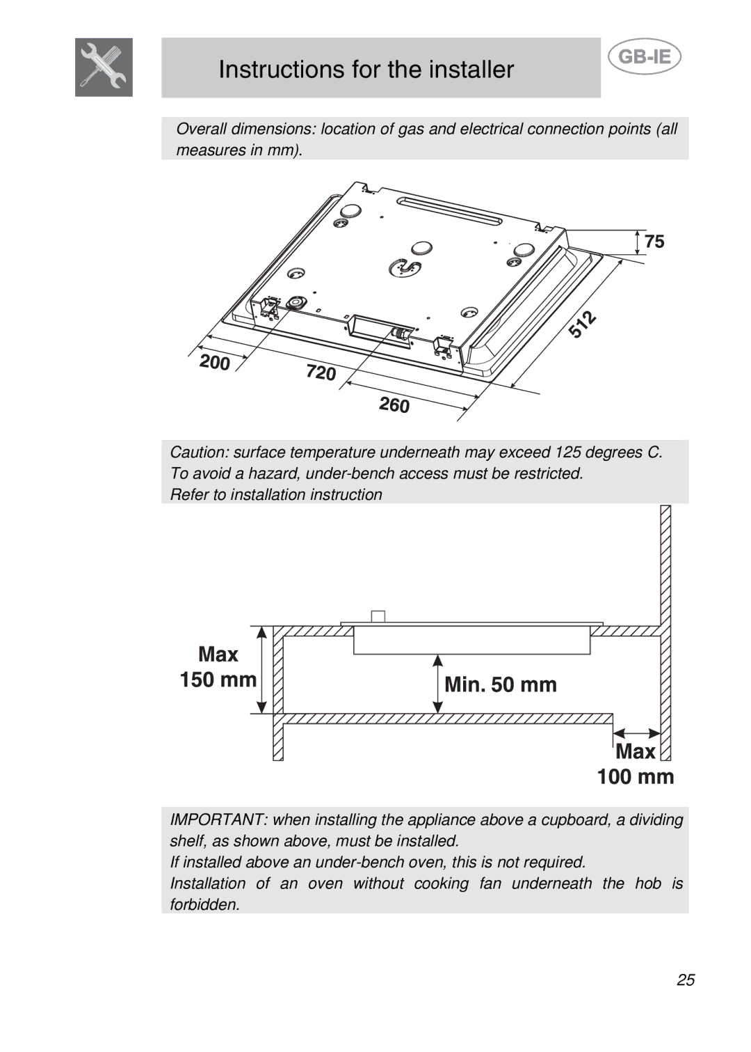 Smeg PGF75BE-2, PGF75-2, PGF75F manual Instructions for the installer 