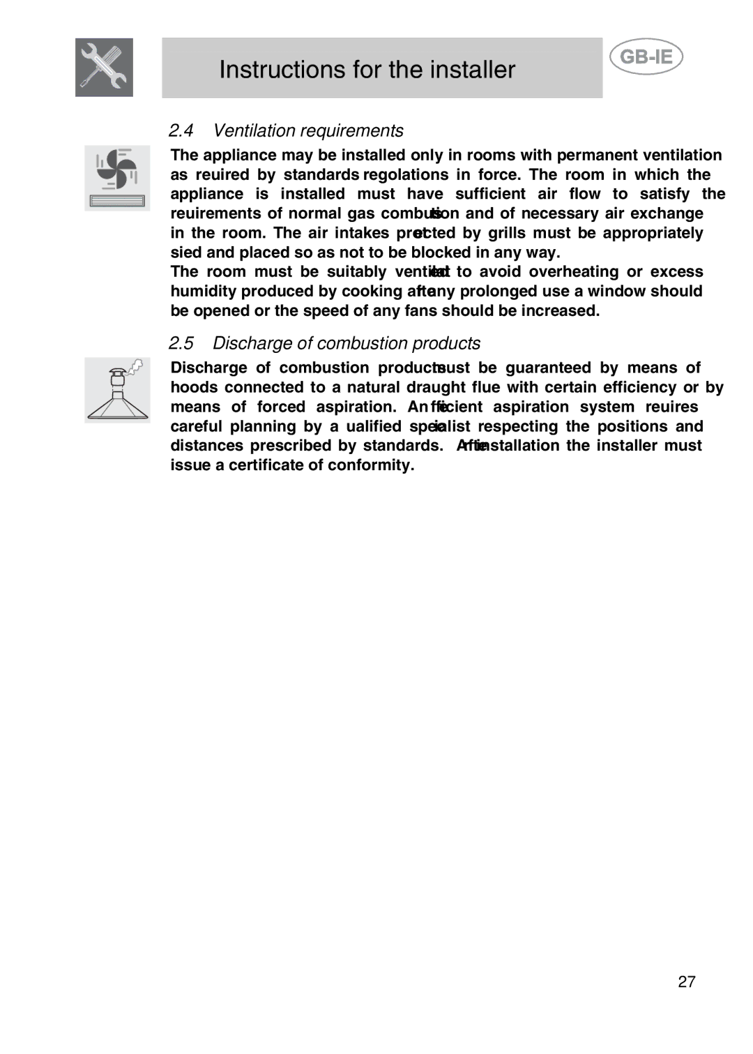 Smeg PGF75-2, PGF75BE-2, PGF75F manual Ventilation requirements, Discharge of combustion products 