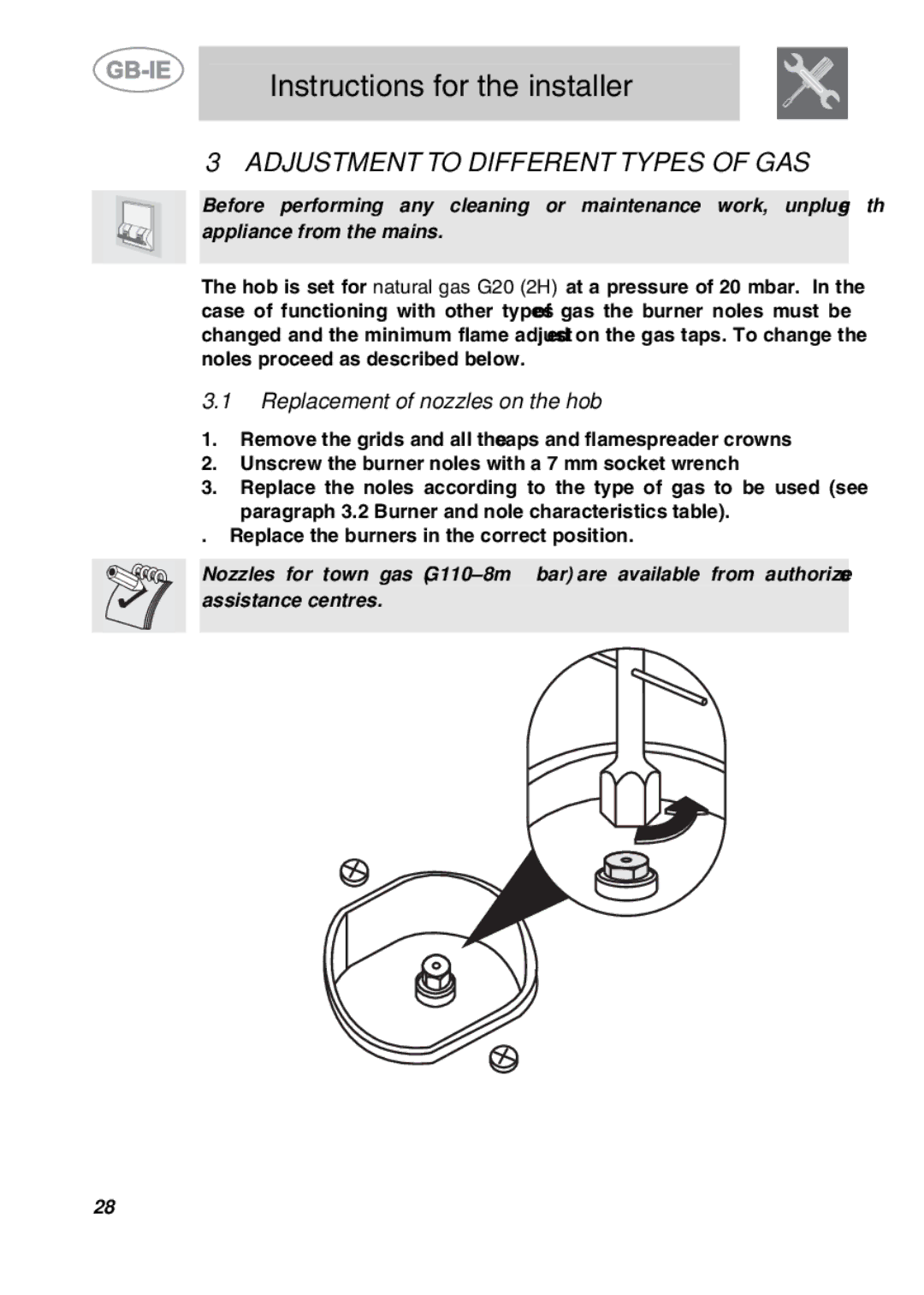 Smeg PGF75BE3, PGF75-3 manual Adjustment to Different Types of GAS, Replacement of nozzles on the hob 