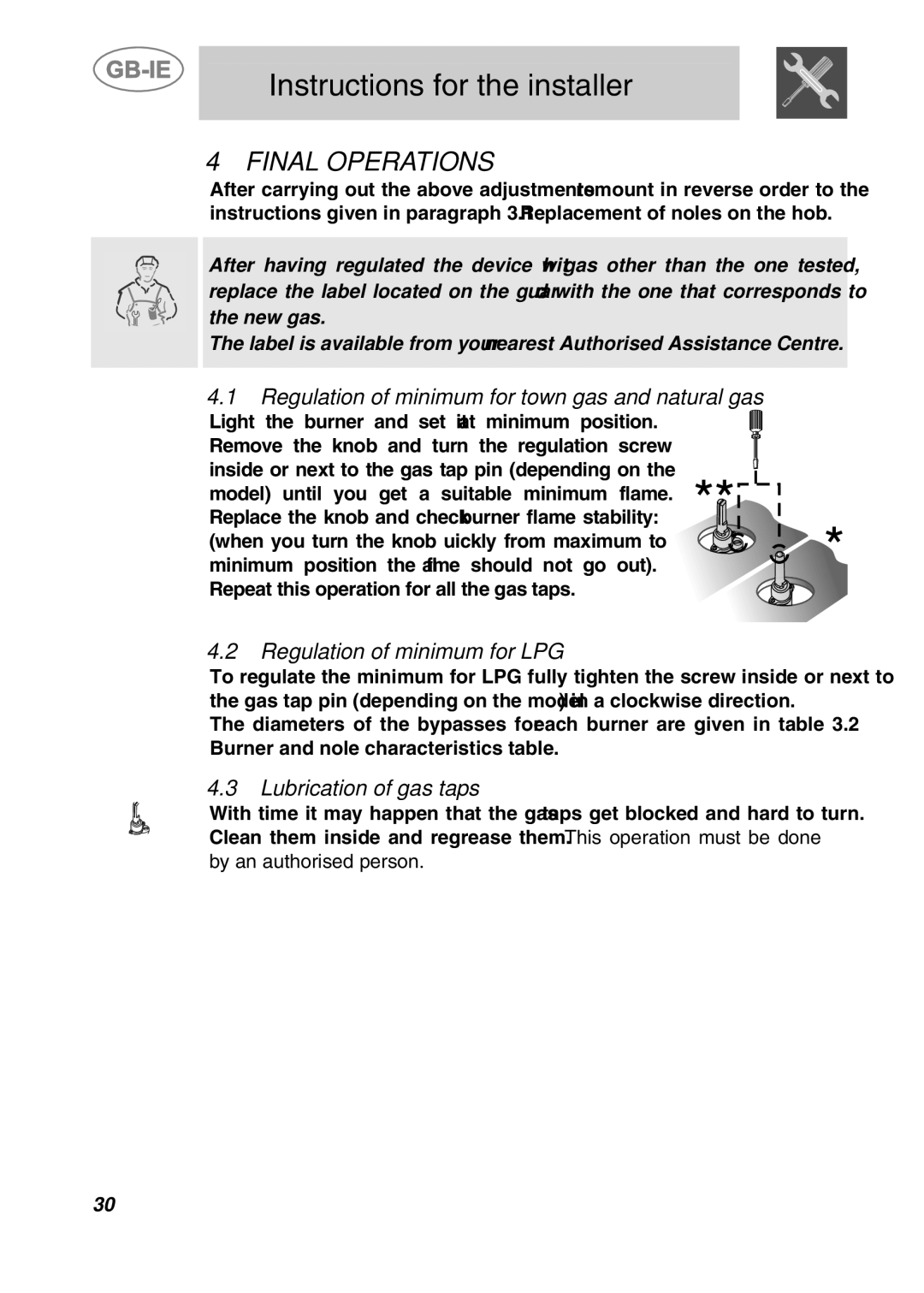 Smeg PGF75BE3, PGF75-3 Final Operations, Regulation of minimum for town gas and natural gas, Regulation of minimum for LPG 