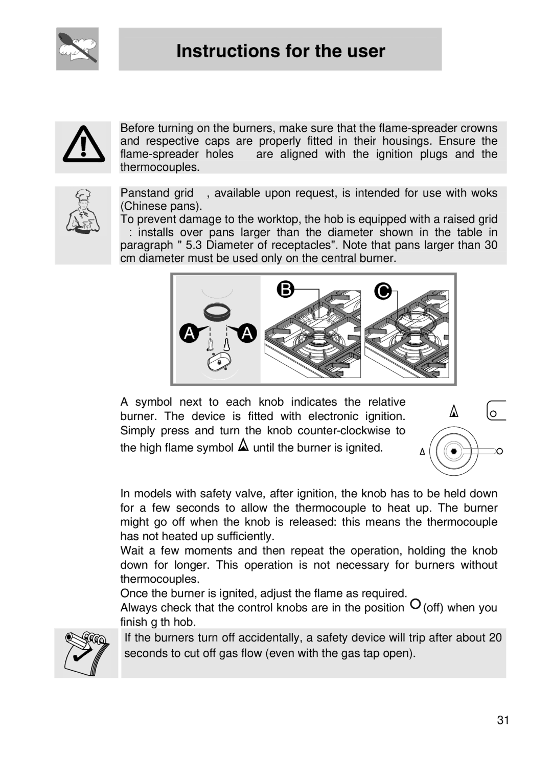 Smeg PGF75-3, PGF75BE3 manual Instructions for the user, Using the HOB, Ignition of the burners 