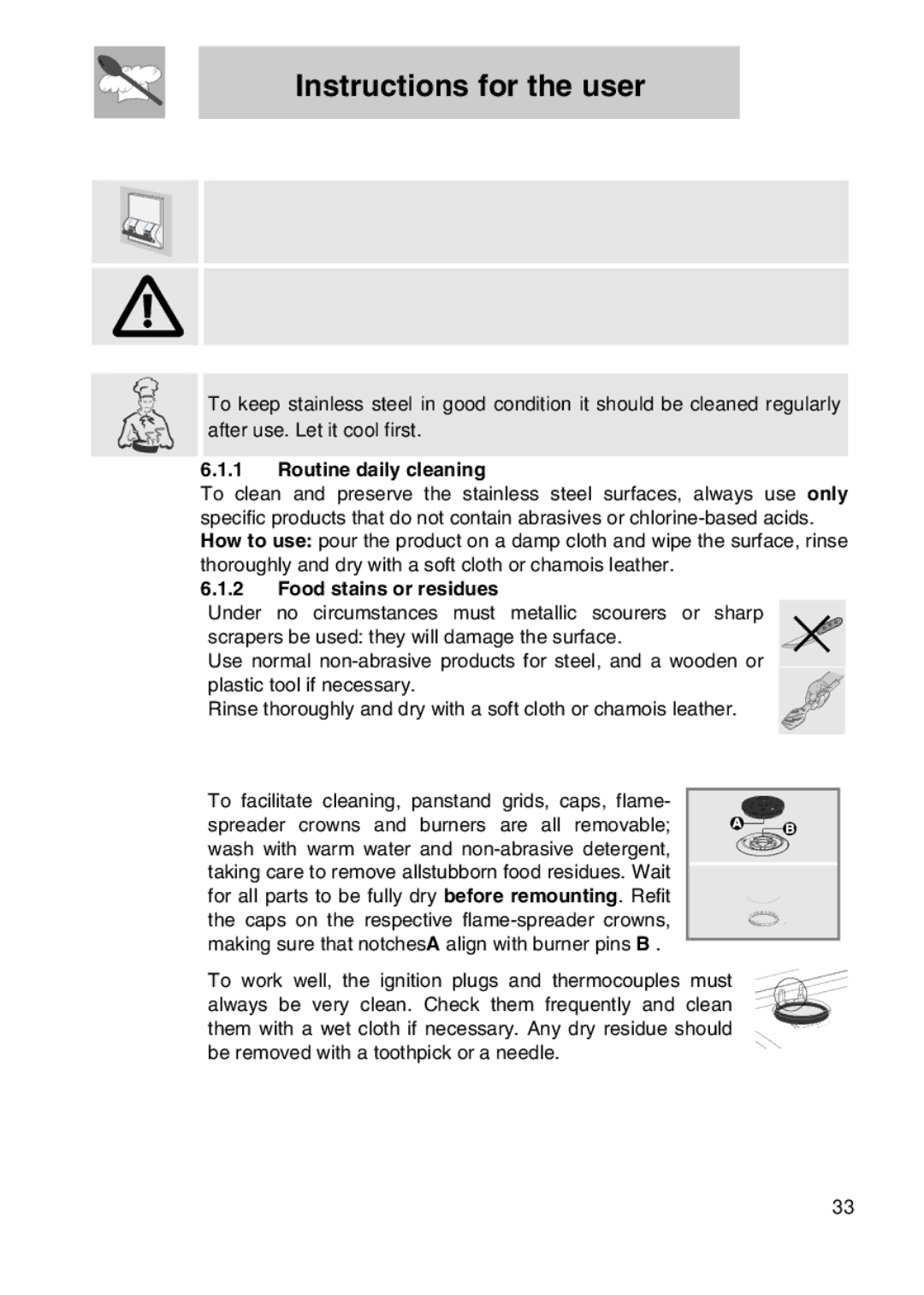 Smeg PGF75-3, PGF75BE3 manual Cleaning and Maintenance, Cleaning the stainless steel, Cleaning of cooking hob components 