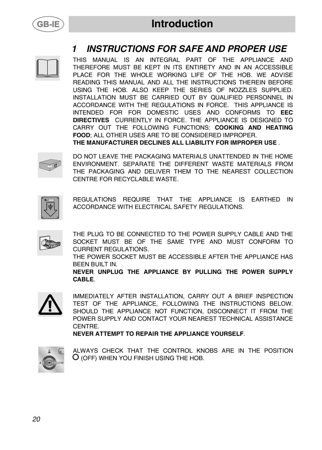 Smeg PGF75BE3, PGF75-3 manual Introduction, Instructions for Safe and Proper USE 