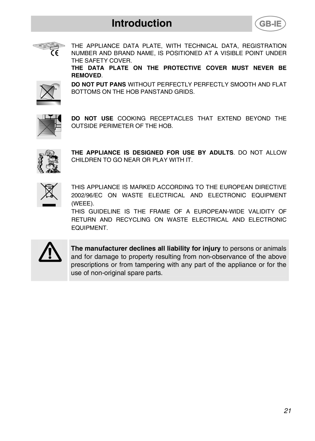 Smeg PGF75-3, PGF75BE3 manual Data Plate on the Protective Cover Must Never be Removed 