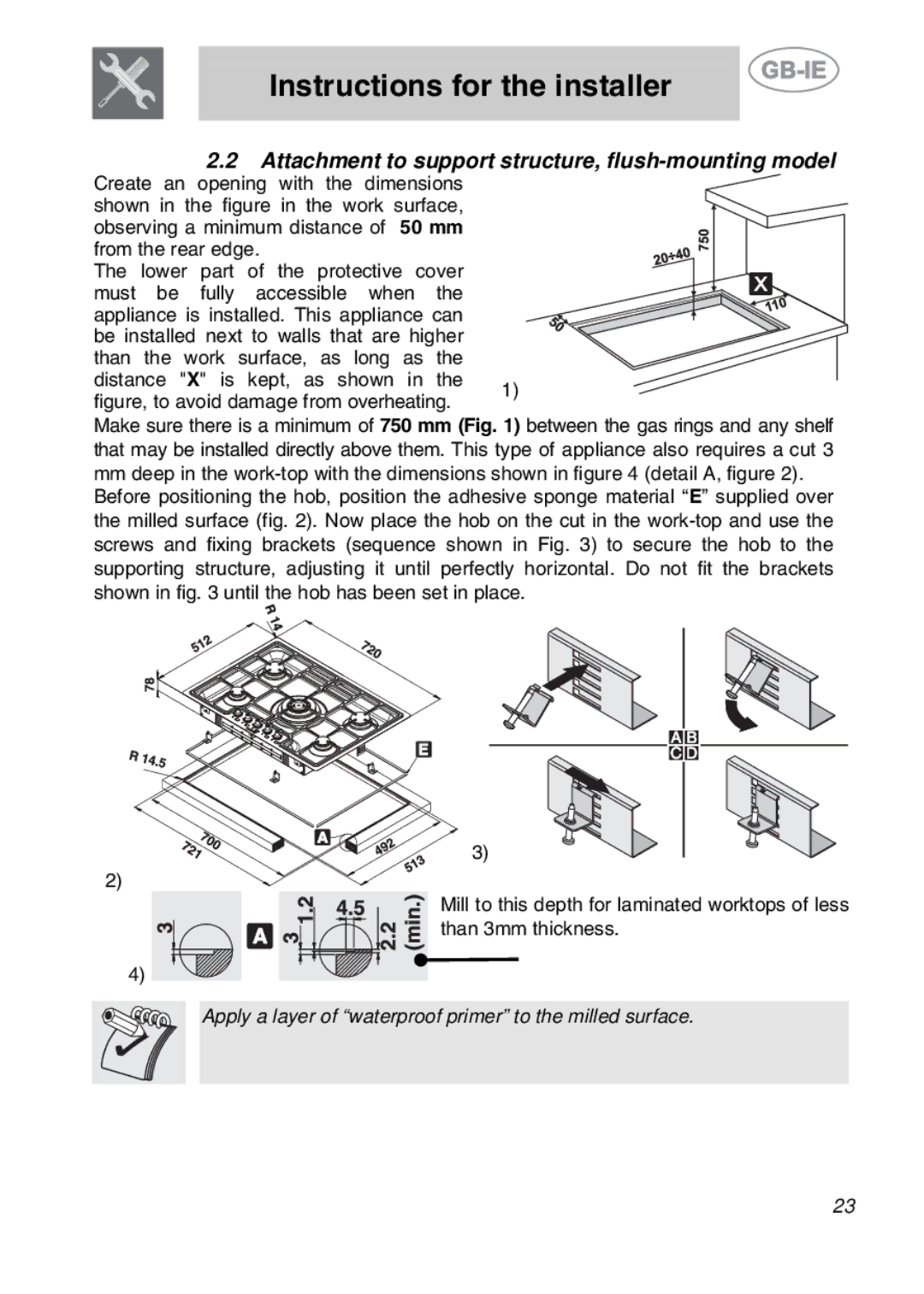 Smeg PGF75-3, PGF75BE3 Attachment to support structure, flush-mounting model, Figure, to avoid damage from overheating 