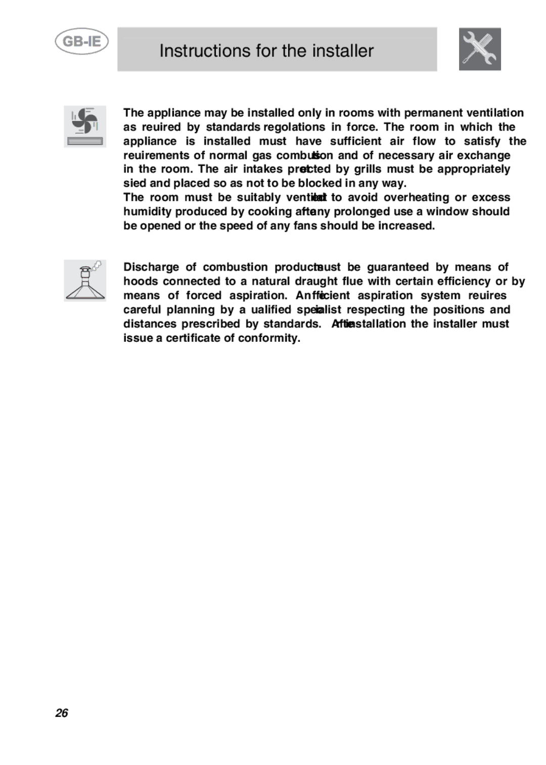 Smeg PGF75BE3, PGF75-3 manual Ventilation requirements, Discharge of combustion products 