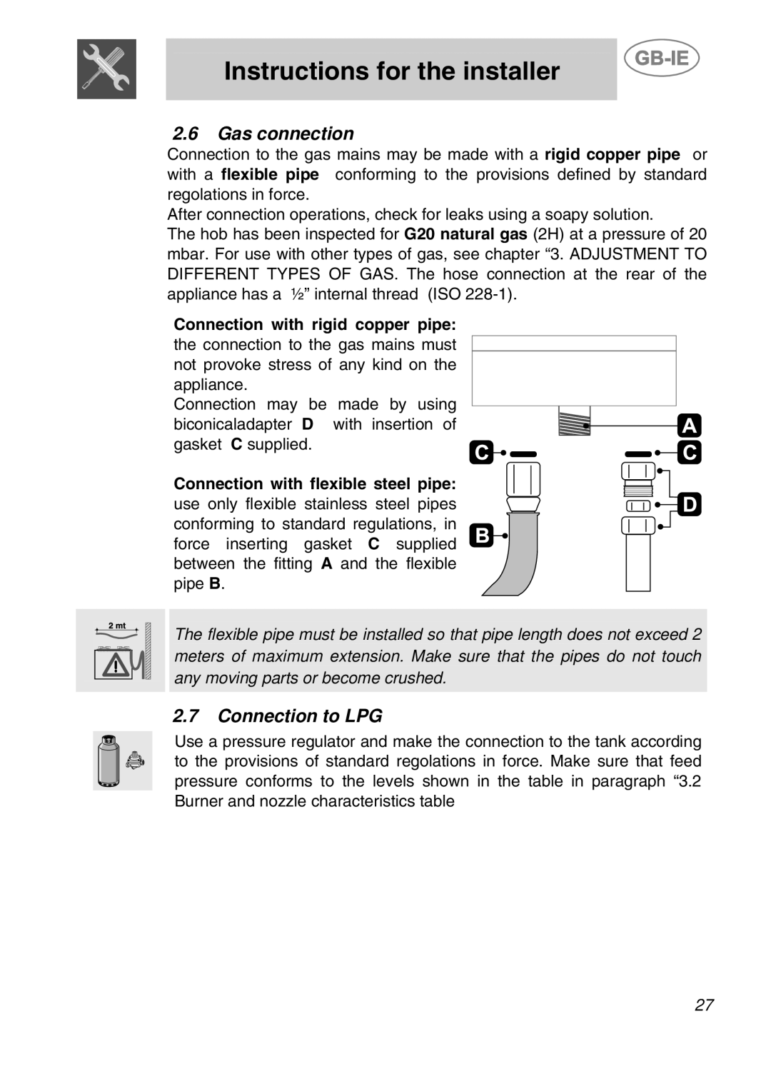 Smeg PGF75-3, PGF75BE3 manual Gas connection, Connection to LPG 