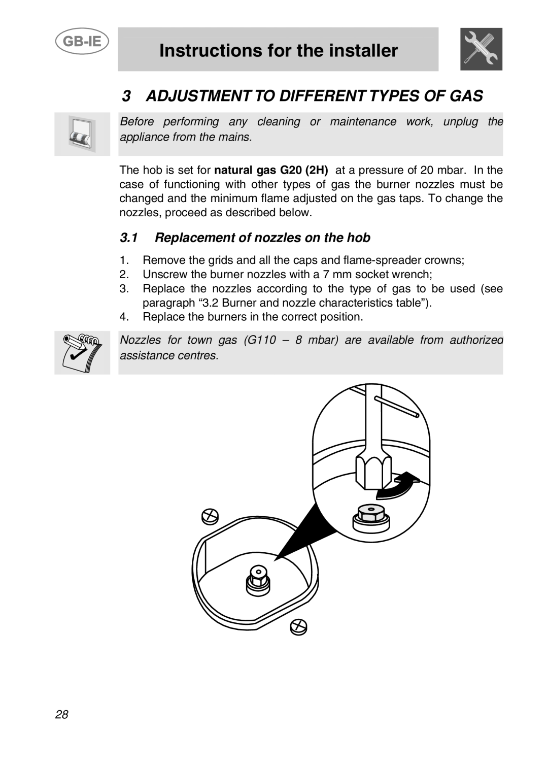 Smeg PGF75BE3 Adjustment To Different Types Of Gas, Replacement of nozzles on the hob, Instructions for the installer 
