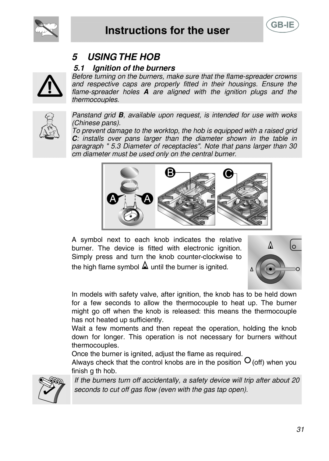 Smeg PGF75-3, PGF75BE3 manual Instructions for the user, Using The Hob, Ignition of the burners 