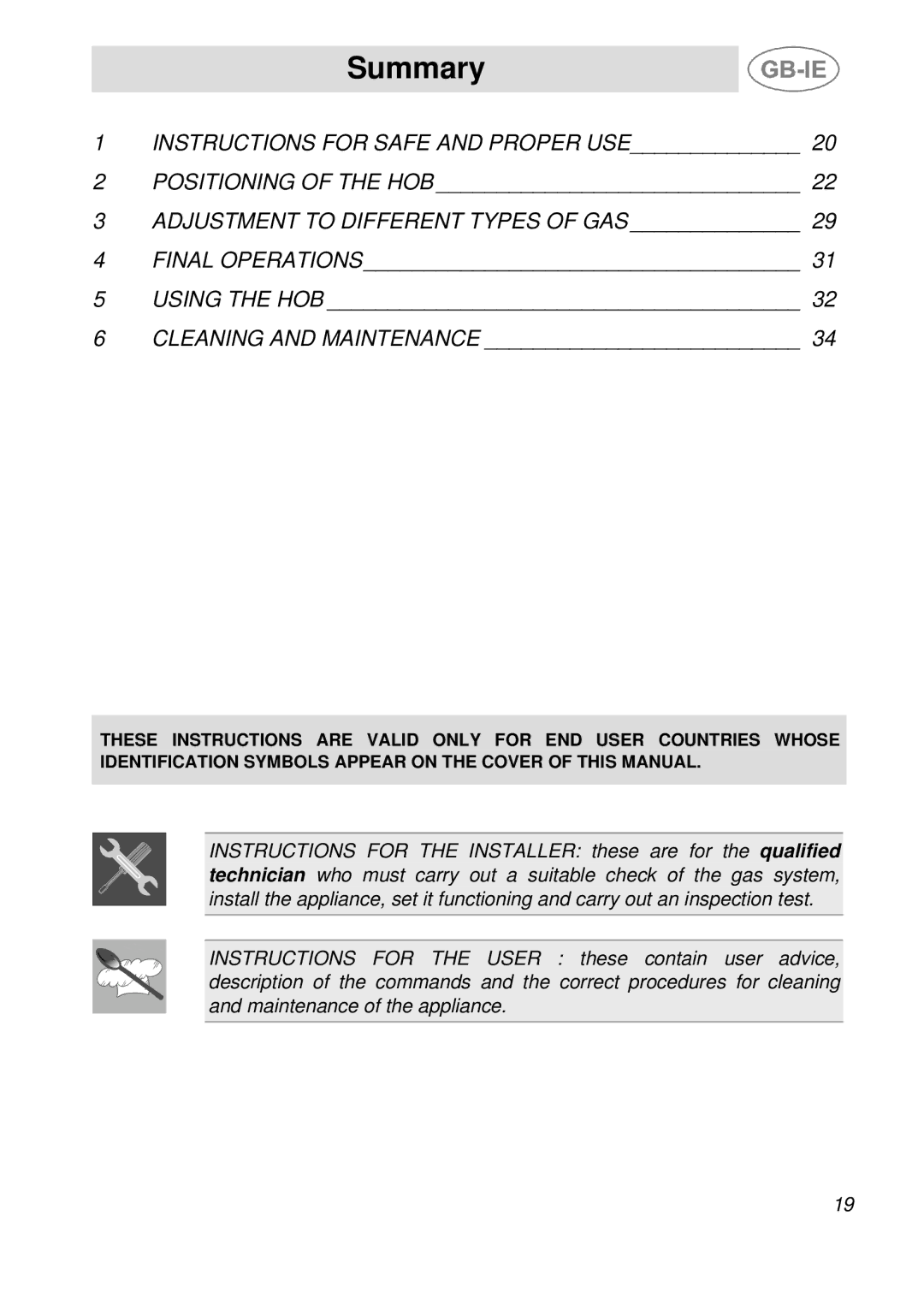 Smeg PGF95F-1, PGF95-1, PGF95BE-1 manual Summary, Adjustment to Different Types of GAS 