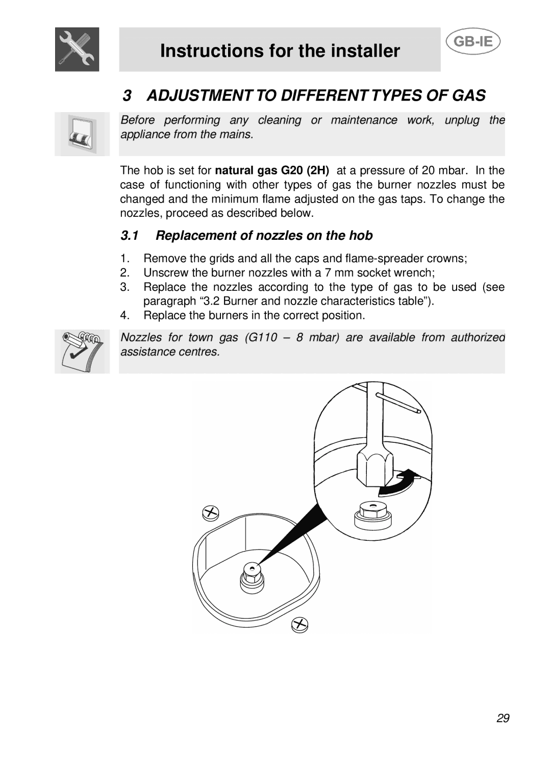 Smeg PGF95BE-1, PGF95-1, PGF95F-1 manual Adjustment to Different Types of GAS, Replacement of nozzles on the hob 