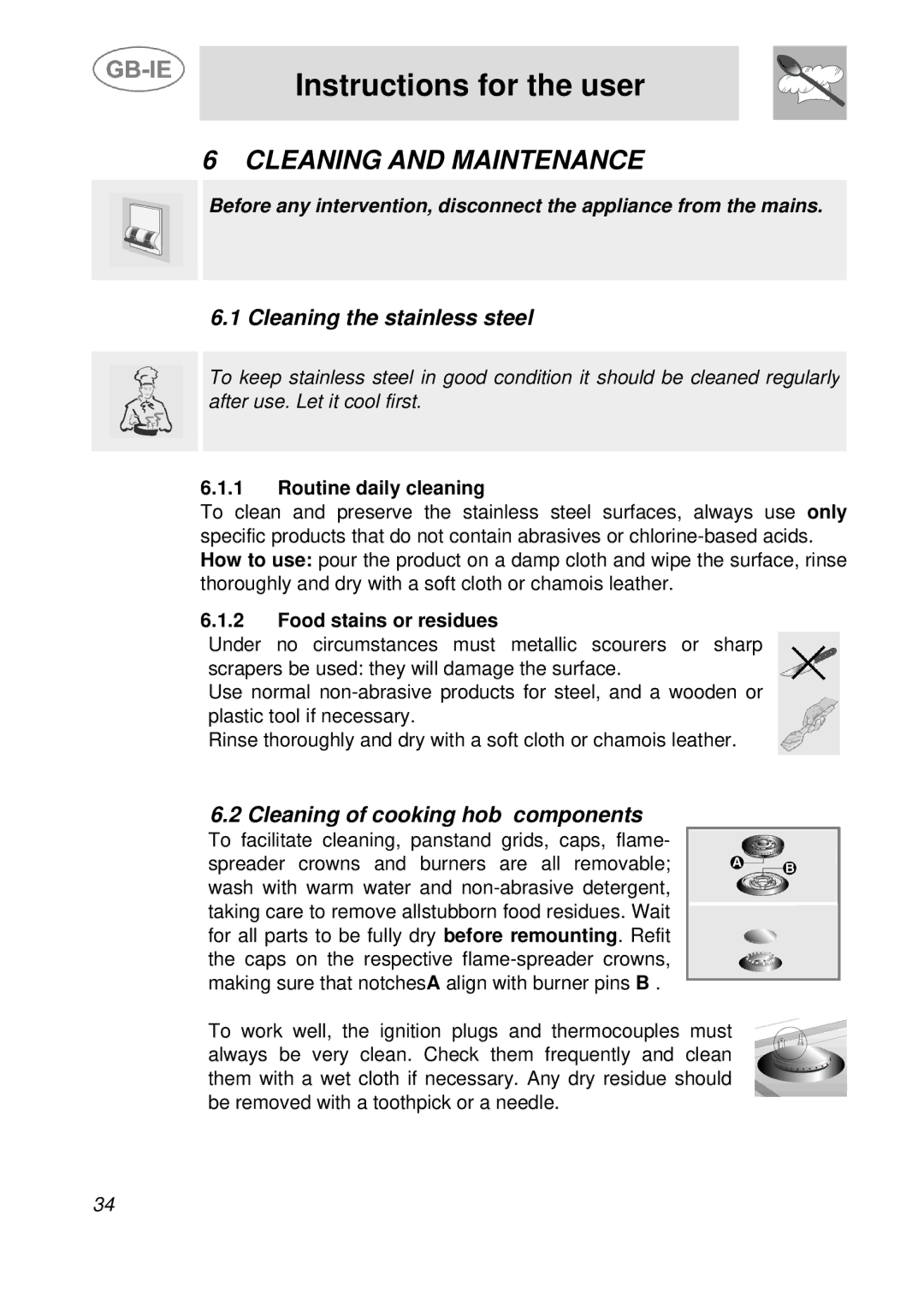 Smeg PGF95F-1, PGF95-1 manual Cleaning and Maintenance, Cleaning the stainless steel, Cleaning of cooking hob components 