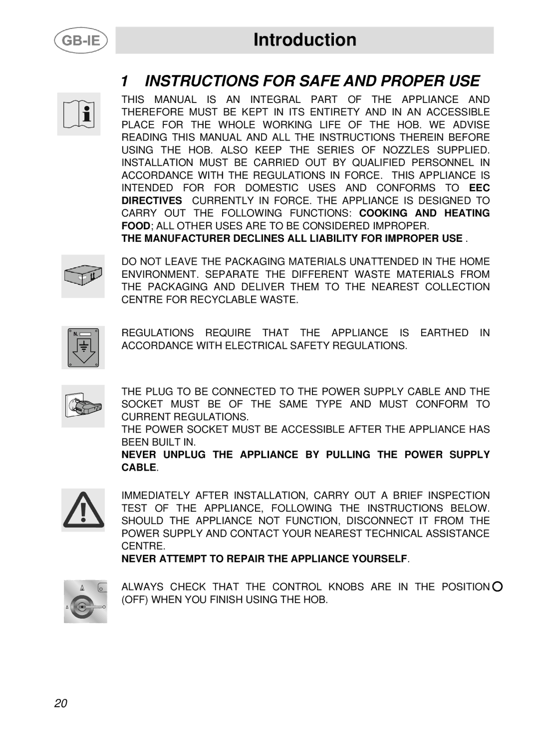 Smeg PGF95BE-1, PGF95-1, PGF95F-1 manual Introduction, Instructions for Safe and Proper USE 