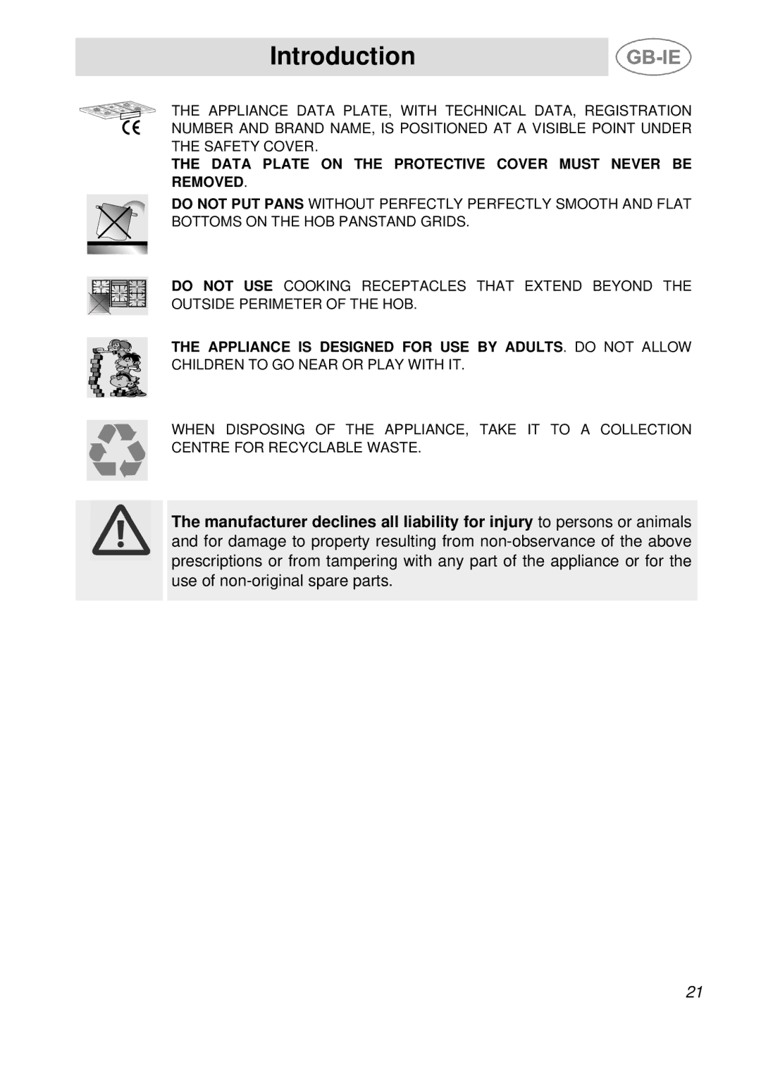 Smeg PGF95-1, PGF95F-1, PGF95BE-1 manual Data Plate on the Protective Cover Must Never be Removed 