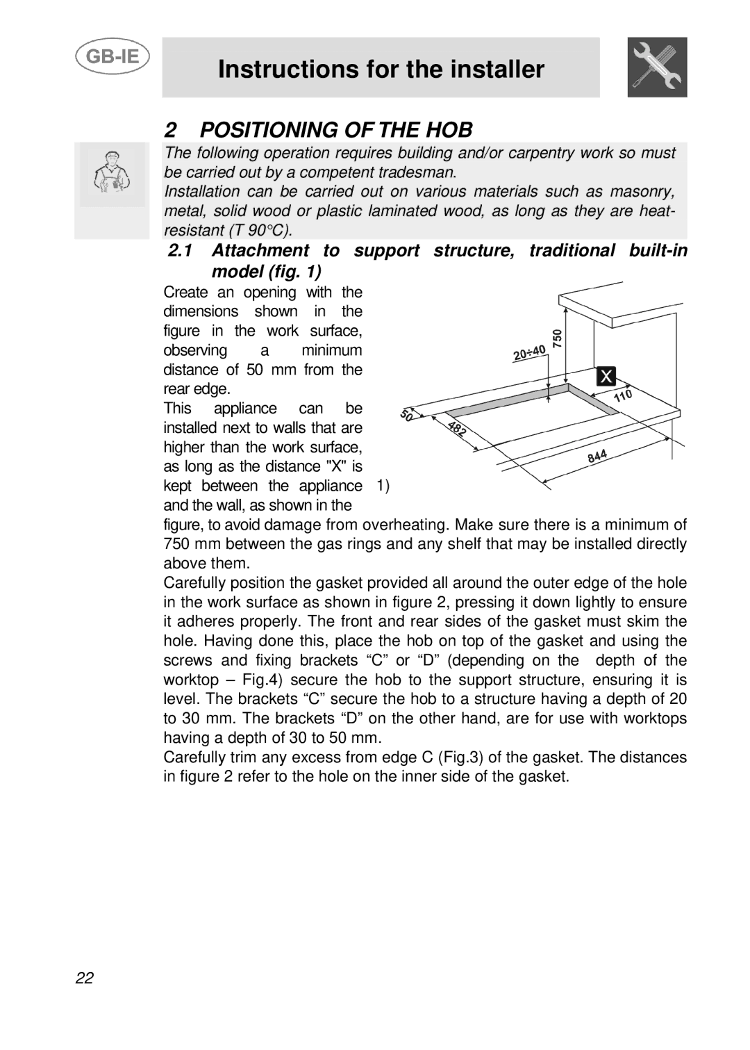 Smeg PGF95F-1, PGF95-1, PGF95BE-1 manual Instructions for the installer, Positioning of the HOB 