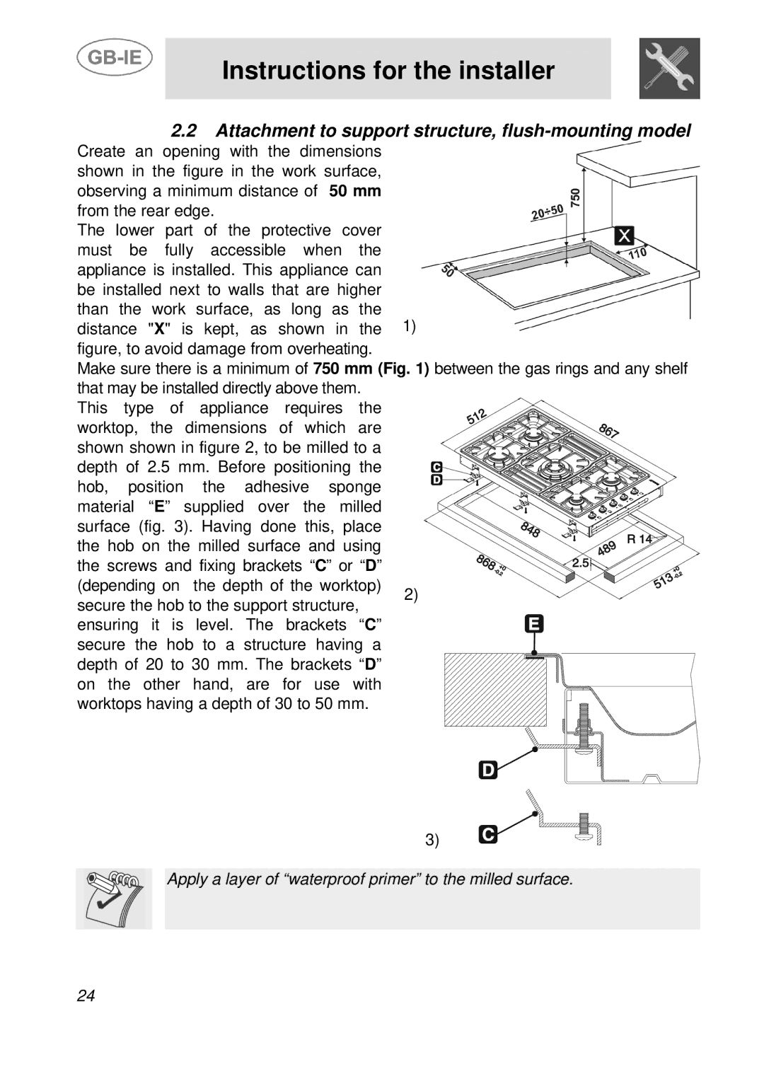 Smeg PGF95-1, PGF95F-1, PGF95BE-1 manual Attachment to support structure, flush-mounting model 