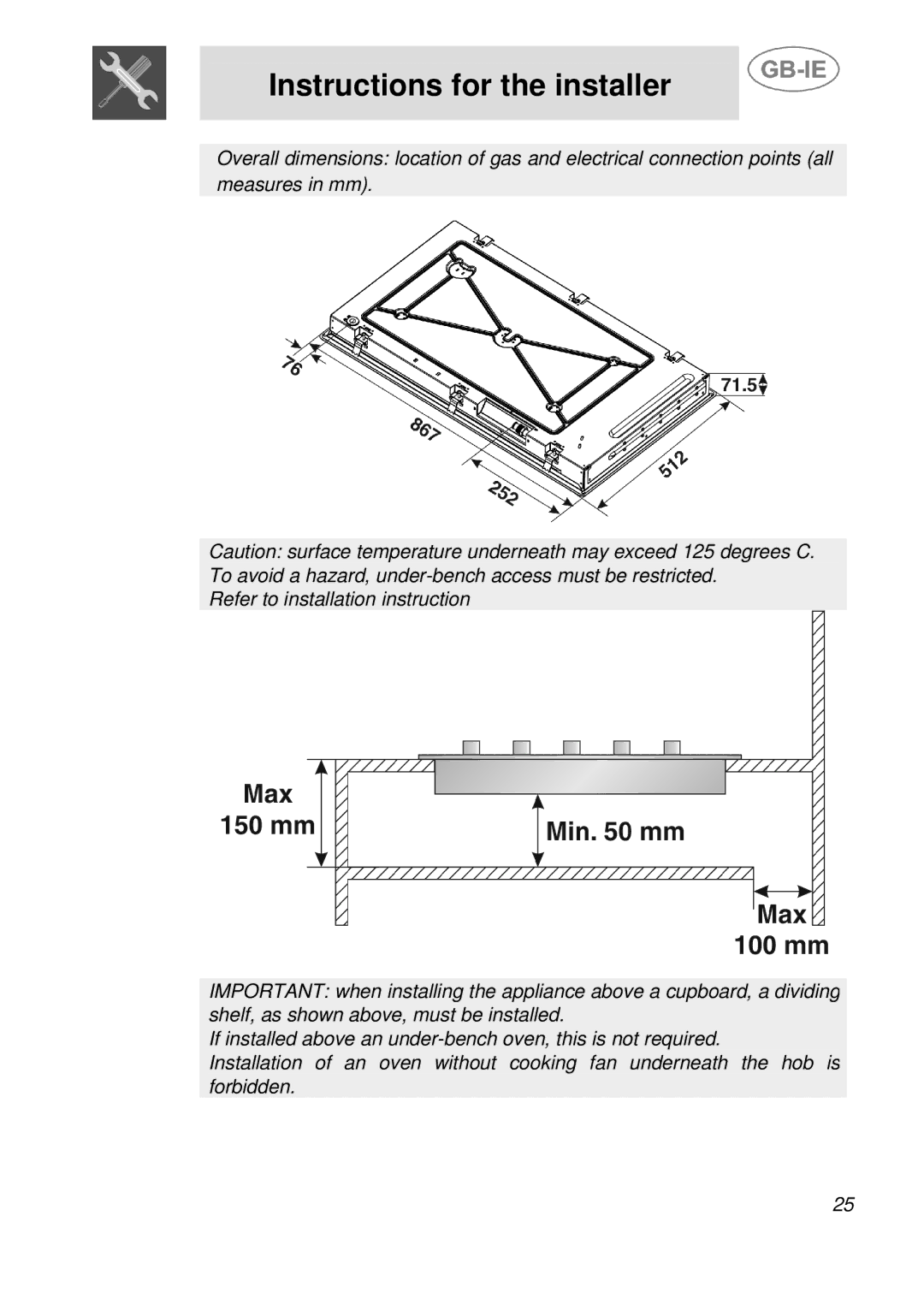 Smeg PGF95F-1, PGF95-1, PGF95BE-1 manual Instructions for the installer 