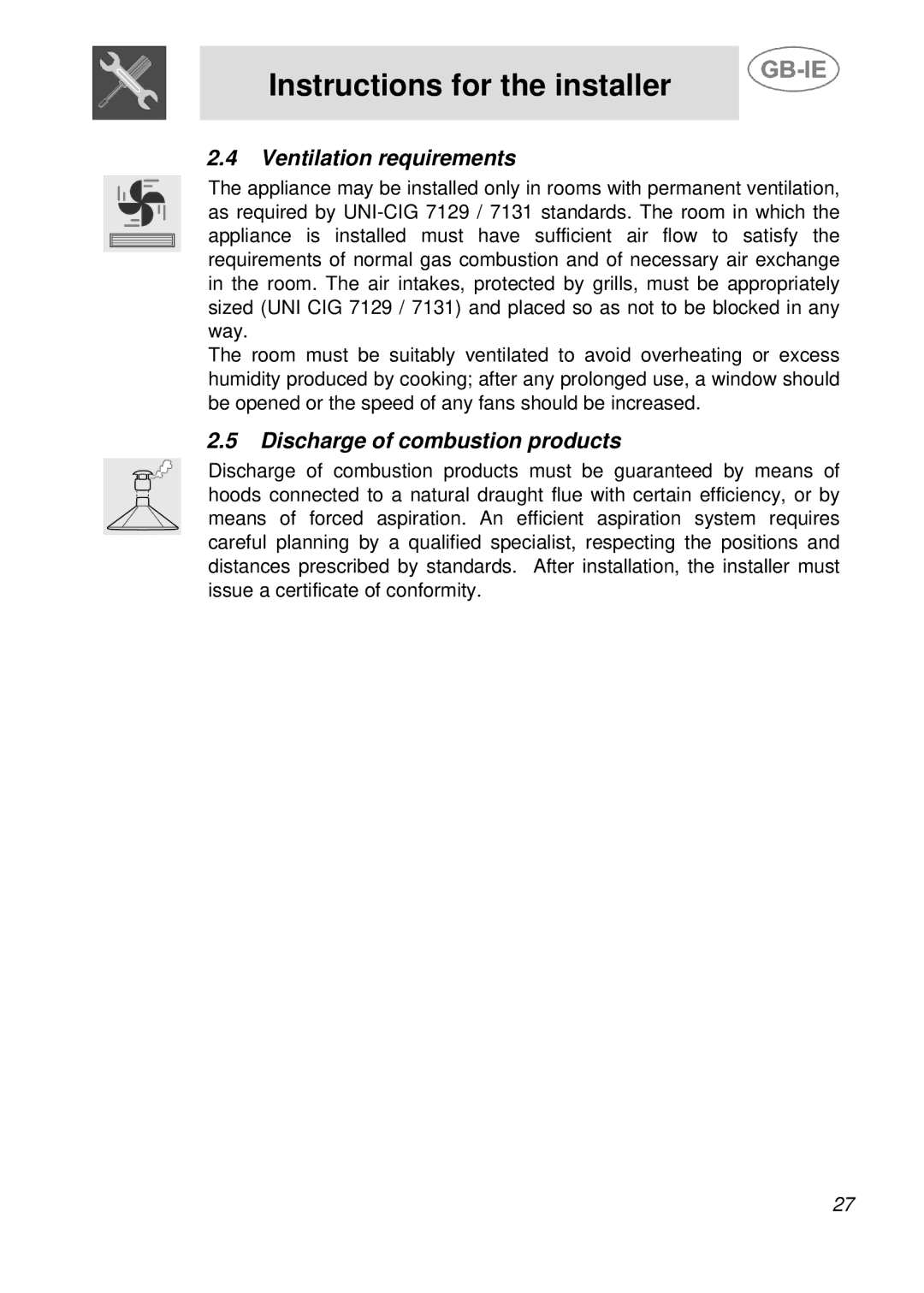 Smeg PGF95-1, PGF95F-1, PGF95BE-1 manual Ventilation requirements, Discharge of combustion products 