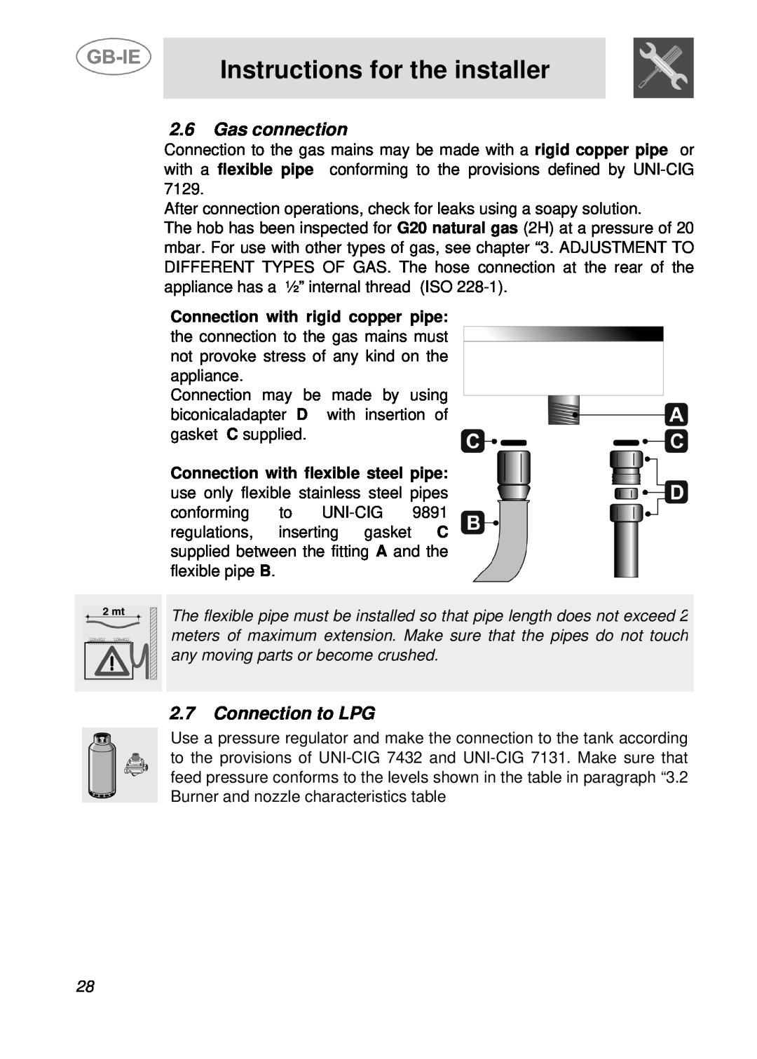 Smeg PGF95F-1 manual Gas connection, Connection to LPG, Instructions for the installer, Connection with rigid copper pipe 