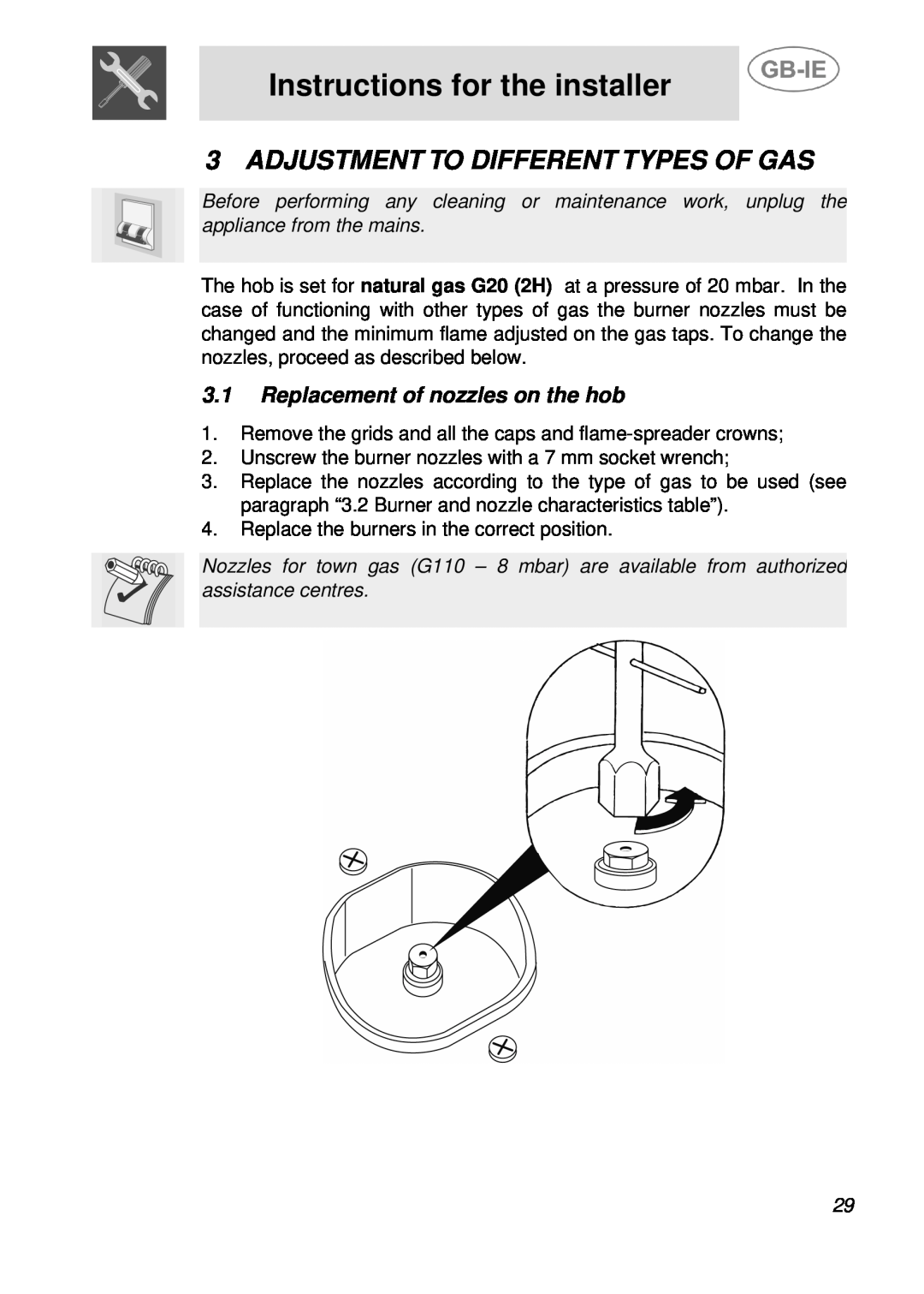 Smeg PGF95BE-1 Adjustment To Different Types Of Gas, Replacement of nozzles on the hob, Instructions for the installer 