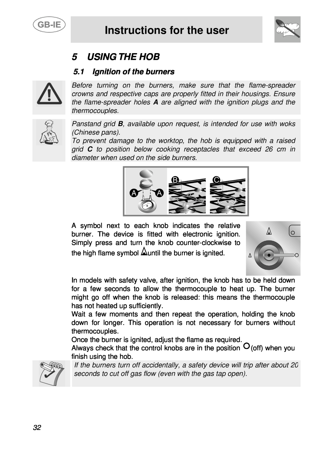 Smeg PGF95BE-1, PGF95-1, PGF95F-1 manual Instructions for the user, Using The Hob, Ignition of the burners 