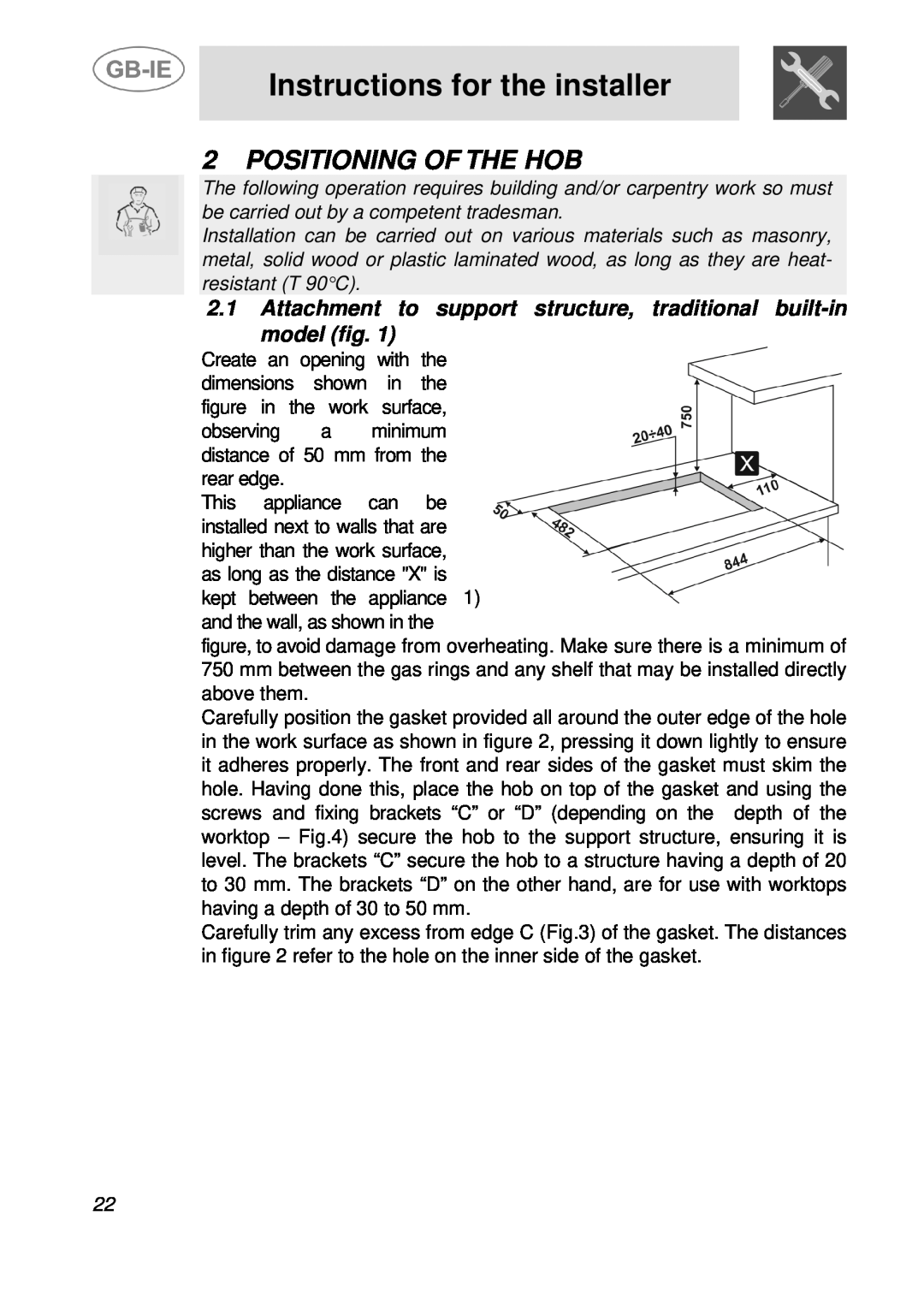 Smeg PGF95F-1, PGF95-1, PGF95BE-1 manual Instructions for the installer, Positioning Of The Hob 