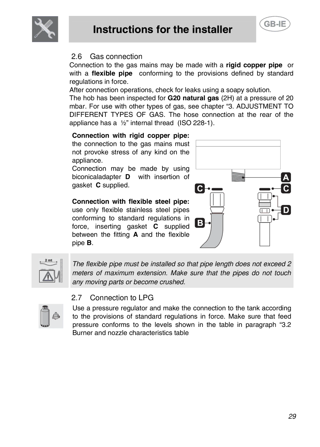 Smeg PGF95BE-2, PGF95-2 manual Gas connection, Connection to LPG 