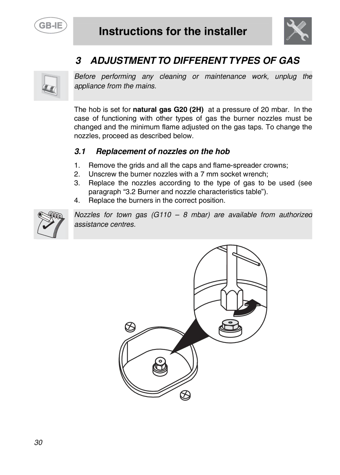 Smeg PGF95-2, PGF95BE-2 manual Adjustment to Different Types of GAS, Replacement of nozzles on the hob 