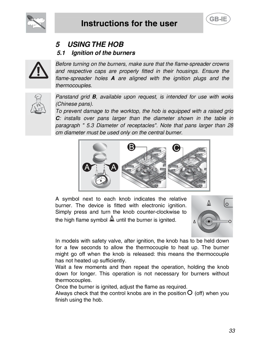 Smeg PGF95BE-2, PGF95-2 manual Instructions for the user, Using the HOB, Ignition of the burners 