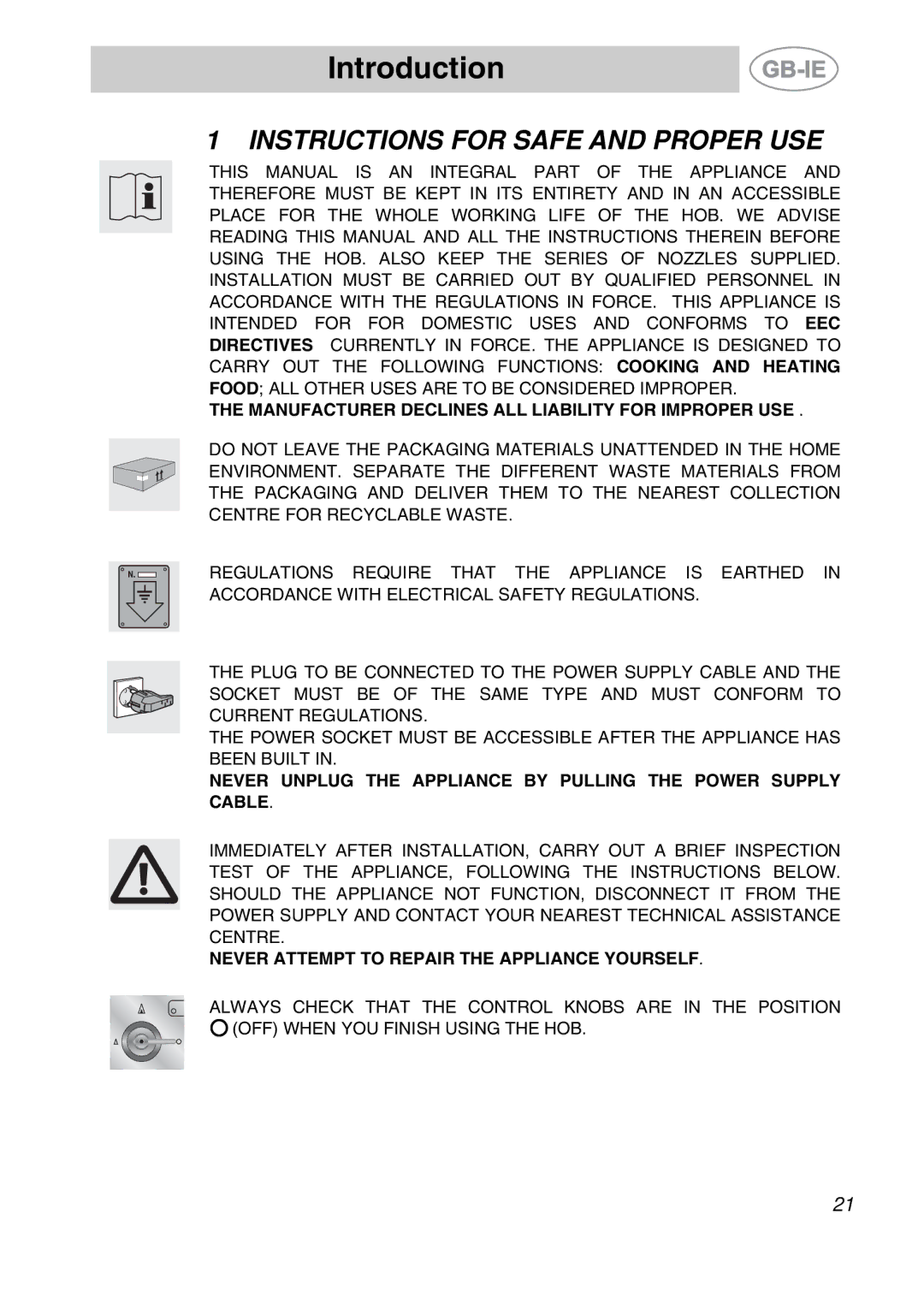 Smeg PGF95BE-2, PGF95-2 manual Introduction, Instructions for Safe and Proper USE 