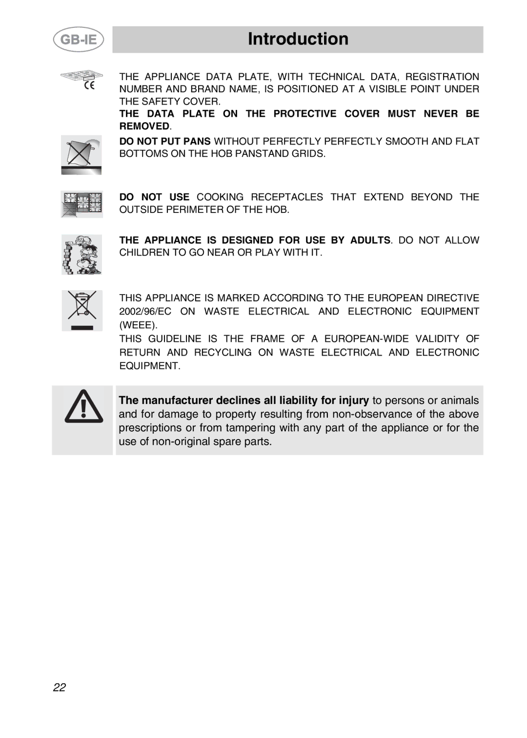 Smeg PGF95-2, PGF95BE-2 manual Data Plate on the Protective Cover Must Never be Removed 