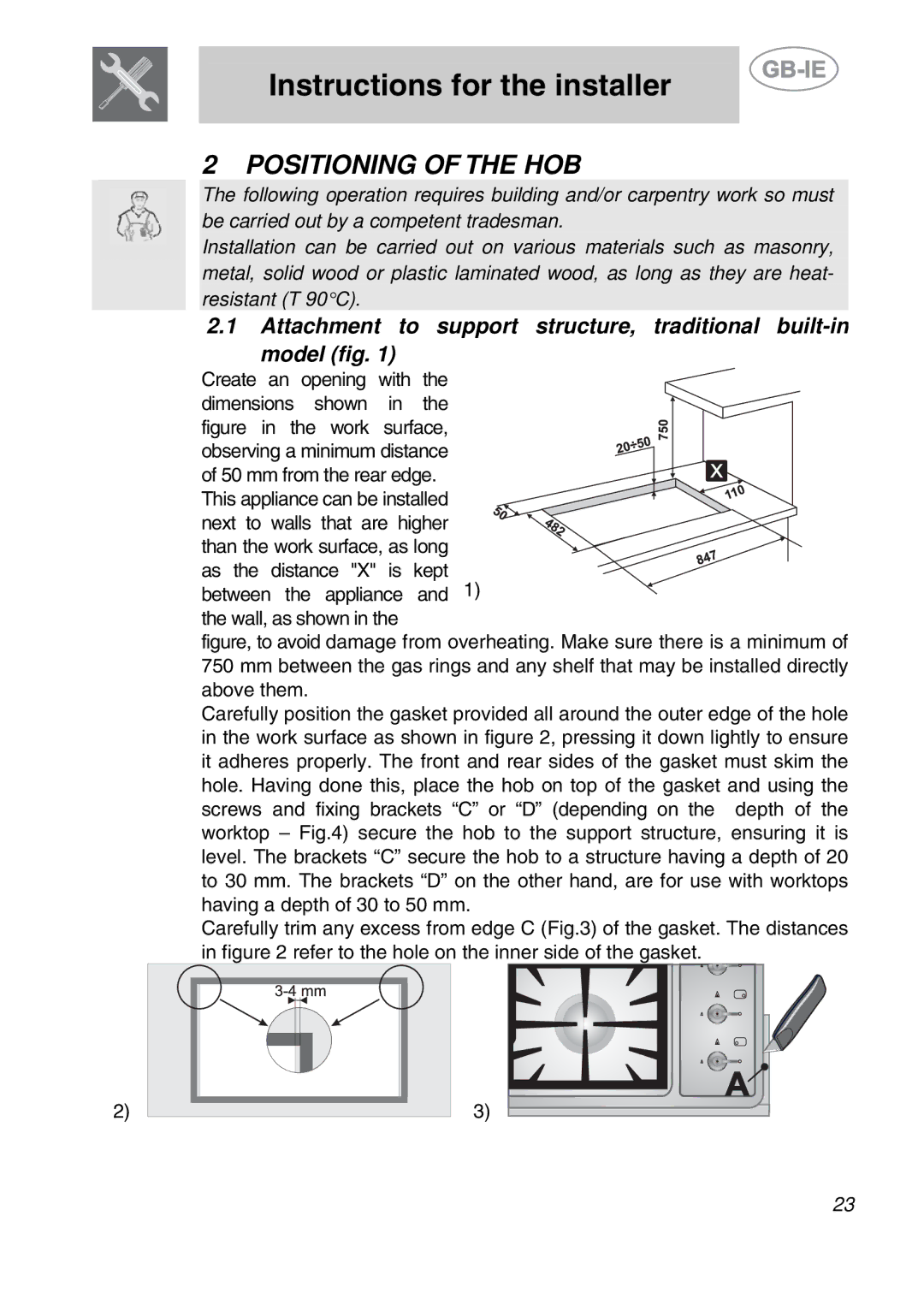 Smeg PGF95BE-2, PGF95-2 manual Instructions for the installer, Positioning of the HOB 