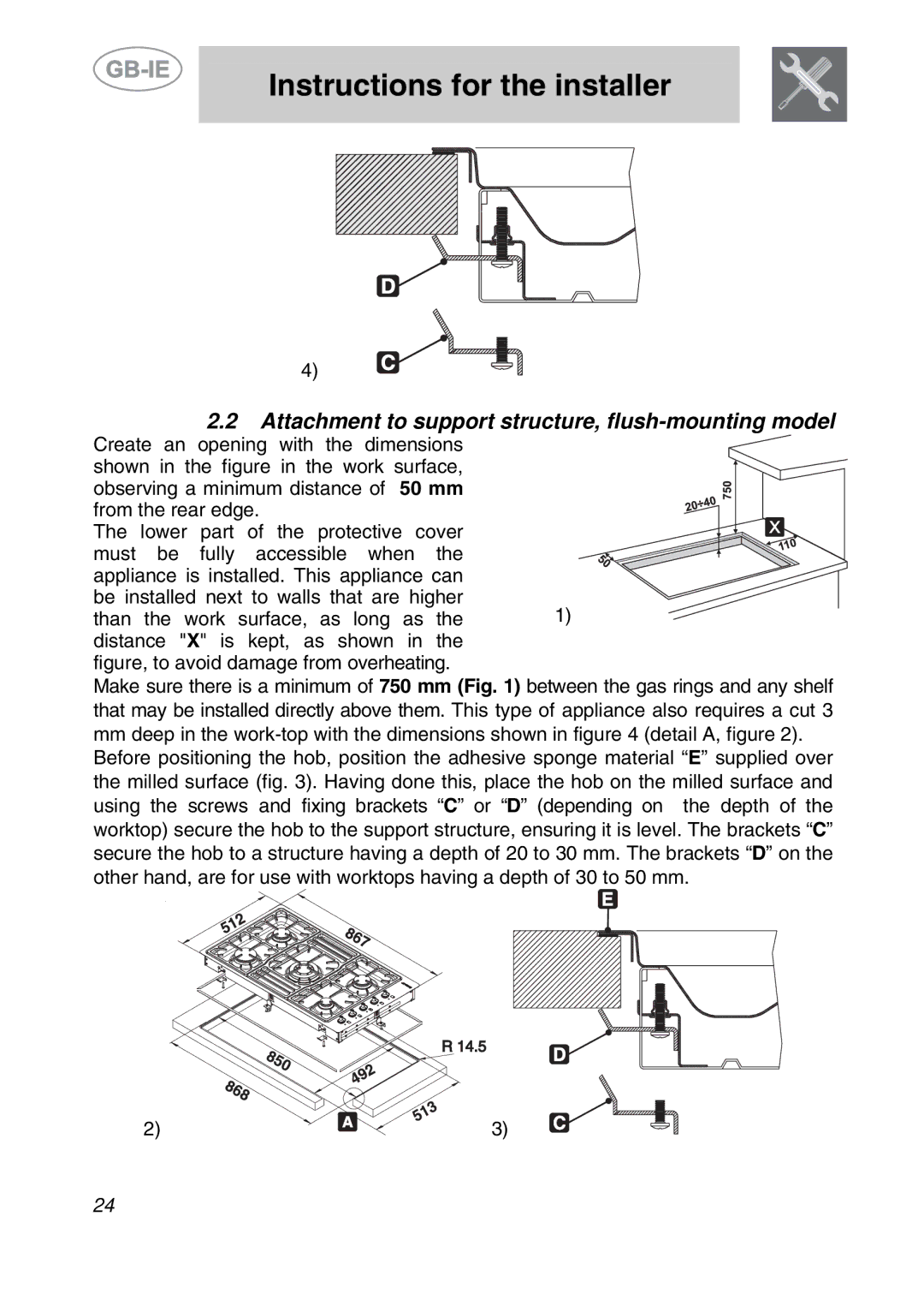 Smeg PGF95-2, PGF95BE-2 manual Attachment to support structure, flush-mounting model 