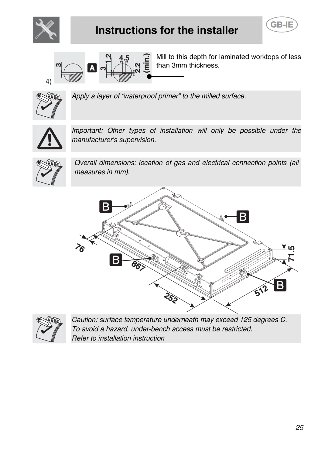 Smeg PGF95BE-2, PGF95-2 manual Instructions for the installer 