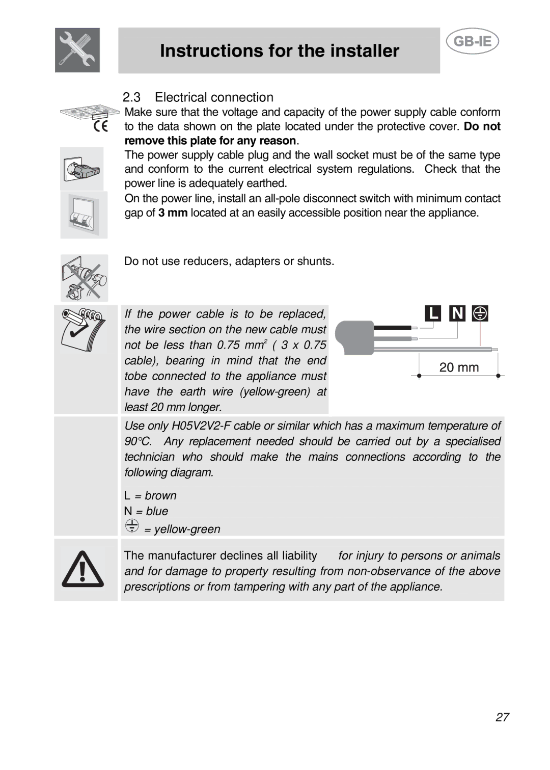 Smeg PGF95BE-2, PGF95-2 manual Electrical connection, Power line is adequately earthed 