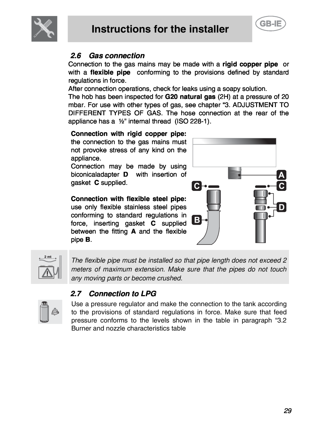 Smeg PGF95BE-2 Gas connection, Connection to LPG, Connection with rigid copper pipe, Connection with flexible steel pipe 