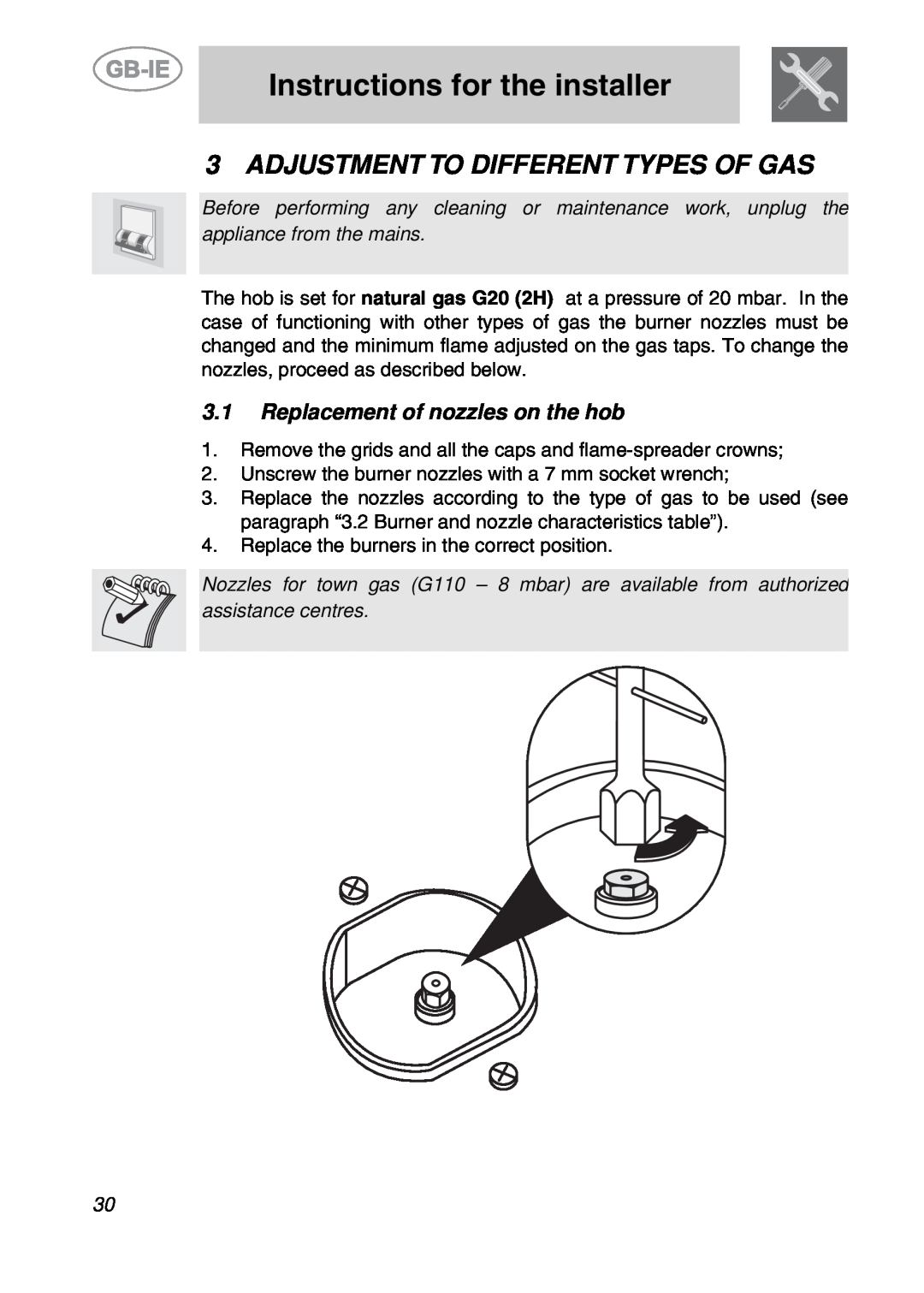 Smeg PGF95-2 manual Adjustment To Different Types Of Gas, Replacement of nozzles on the hob, Instructions for the installer 