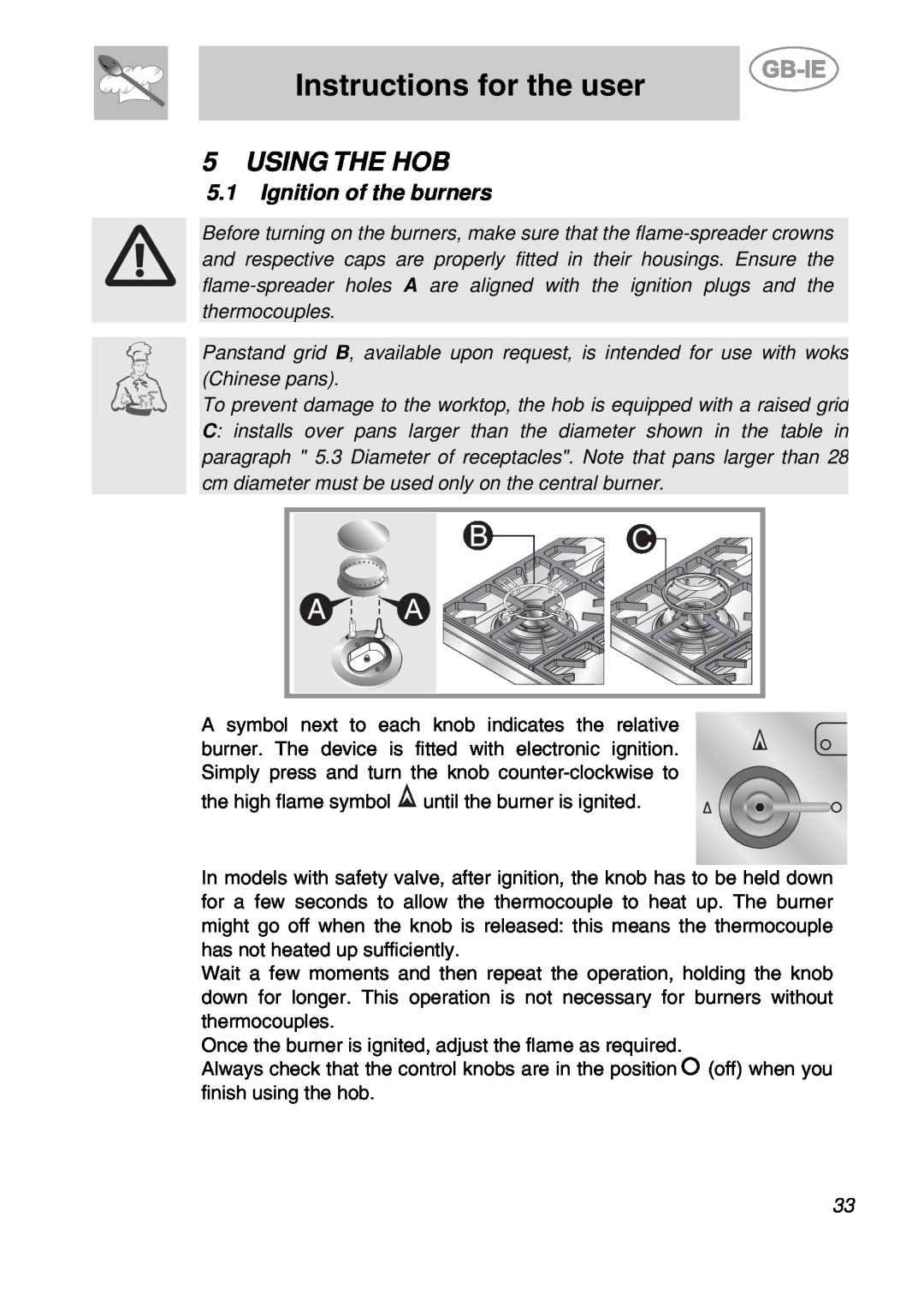 Smeg PGF95BE-2, PGF95-2 manual Instructions for the user, Using The Hob, Ignition of the burners 