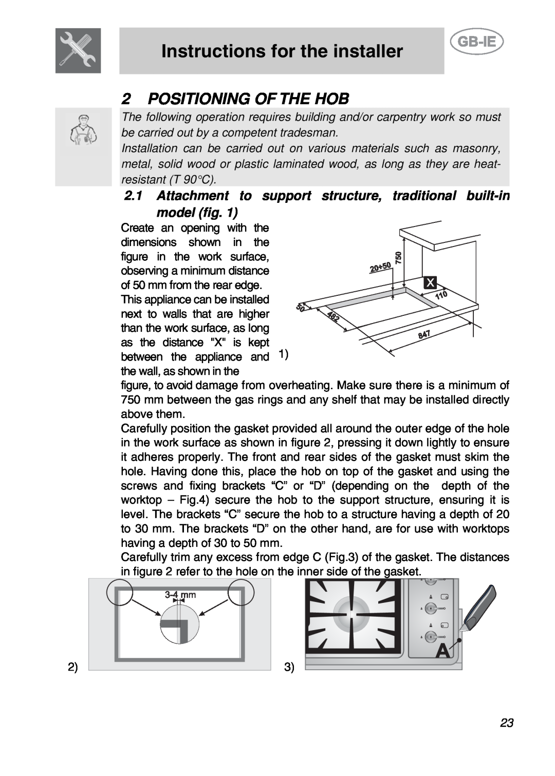 Smeg PGF95BE-2, PGF95-2 manual Instructions for the installer, Positioning Of The Hob 